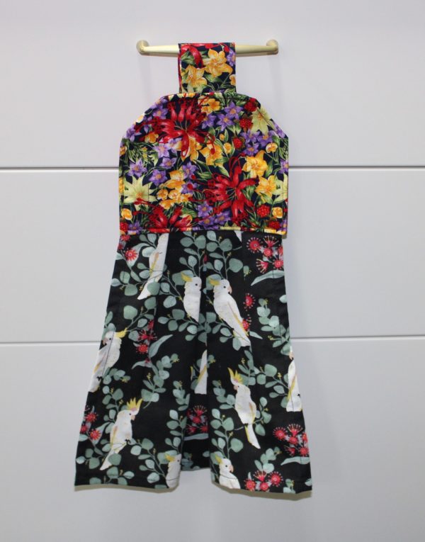 Flowers and Black Cockatoos Hanging Tea Towel